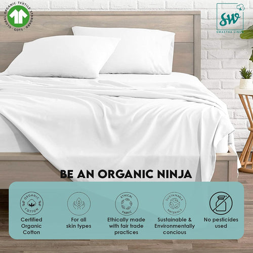 100% Organic Cotton Sheets, 300 Thread Count 4-Piece GOTS Certified Bed Sheet Set Fits Mattress Upto 17" Deep Pocket, Soft & Silky Sateen Weave (Queen, White)